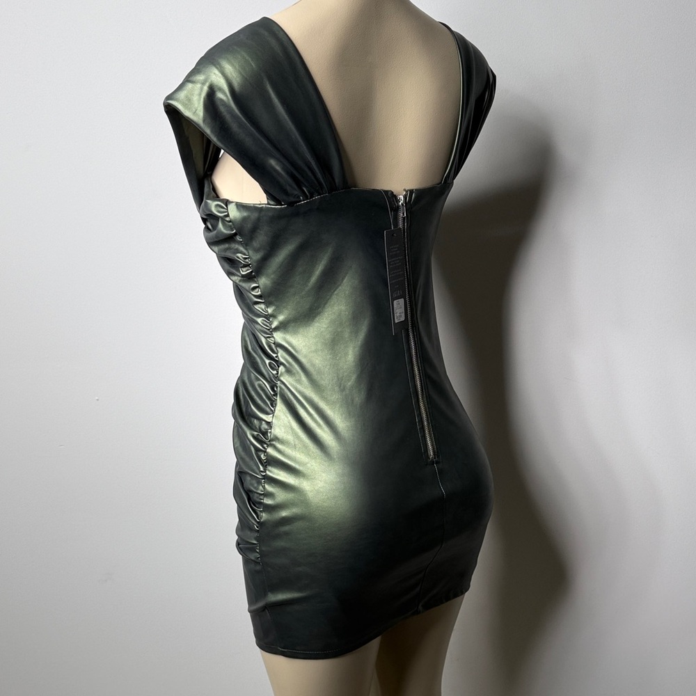 AKIRA Shimmering Dark Green Faux-Leather Ruched Mini Dress - Picture 7 of 9